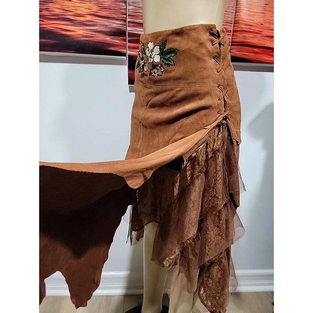 Alberto Makali (Size 6) Embroidered Suede Asymmetrical Boho Lace Layer Skirt #4 - Picture 1 of 12